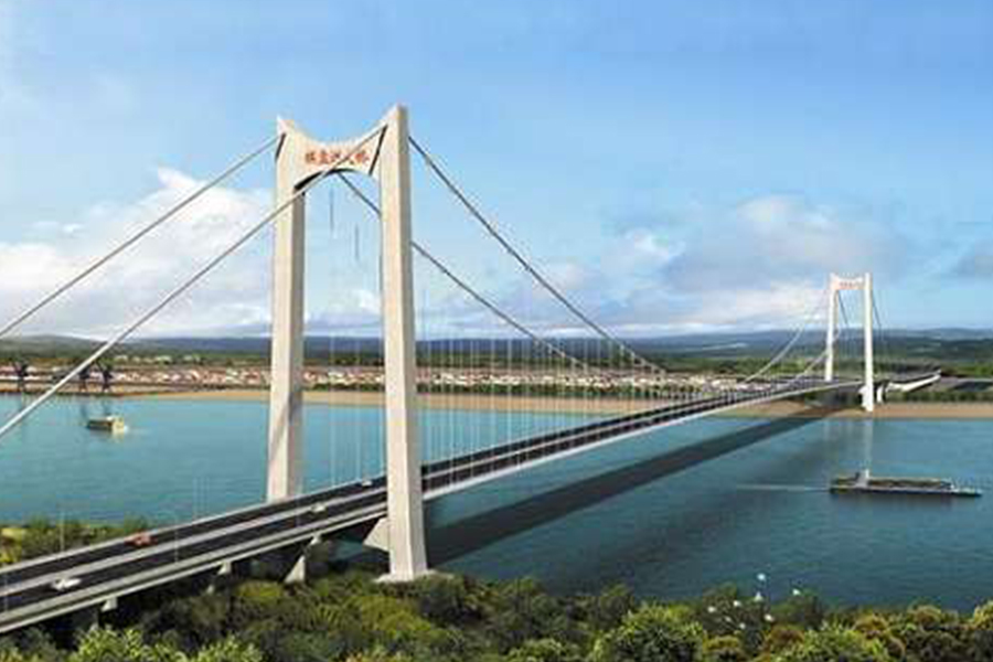 湖北棋盤洲長江公路大橋?yàn)榈劐^式懸索橋,主跨1038米。.jpg